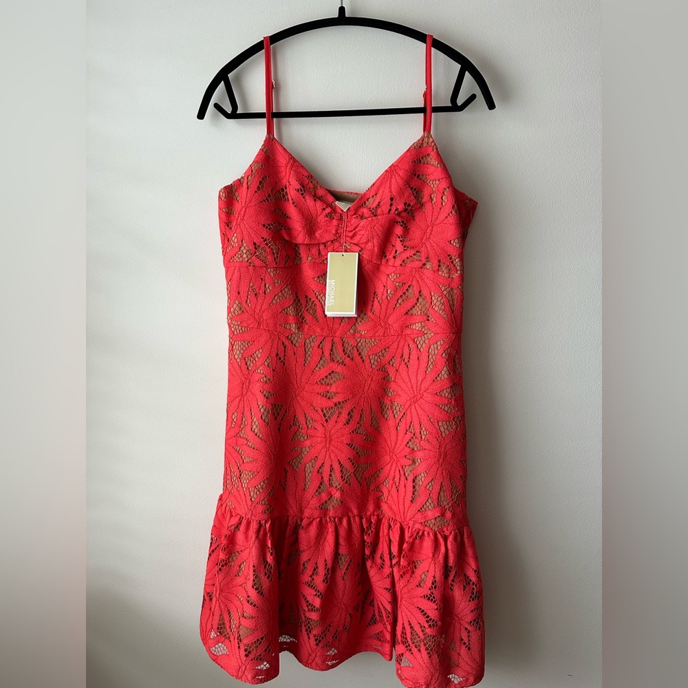 NWT Michael Kors Palm Lace Flounce Hem Coral Dress